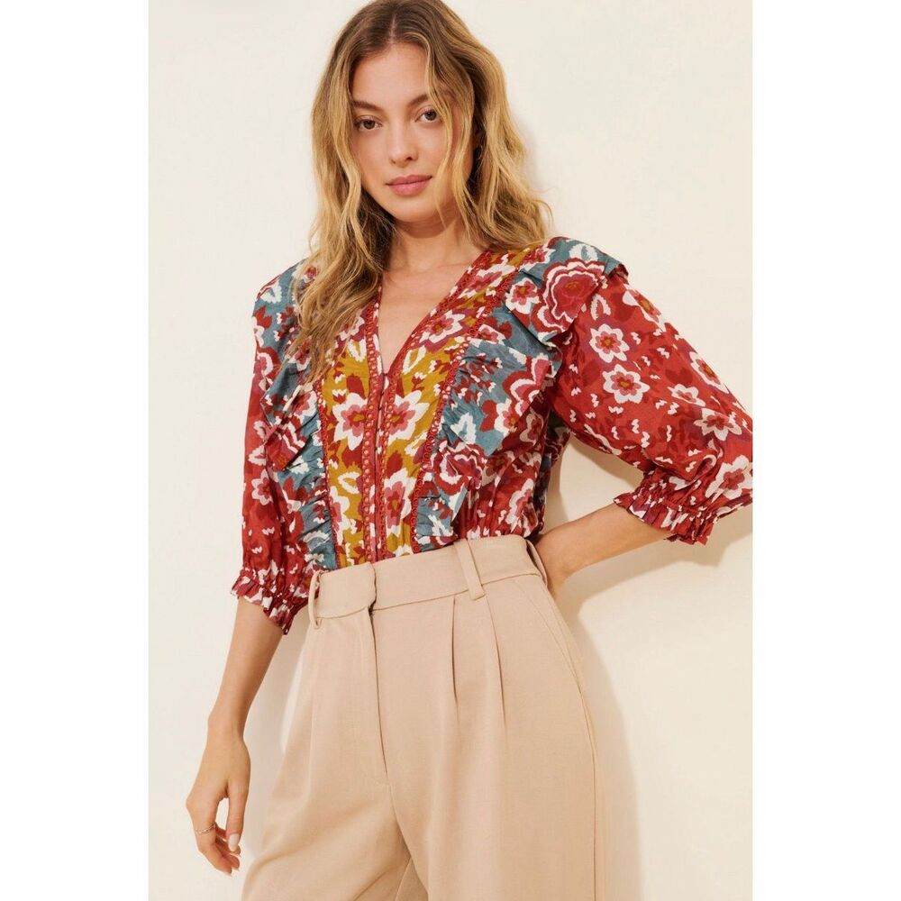 FARM Rio M Floral Puff Sleeve Bodysuit Red Boho Ruffle V-Neck Anthropologie - Picture 5 of 12